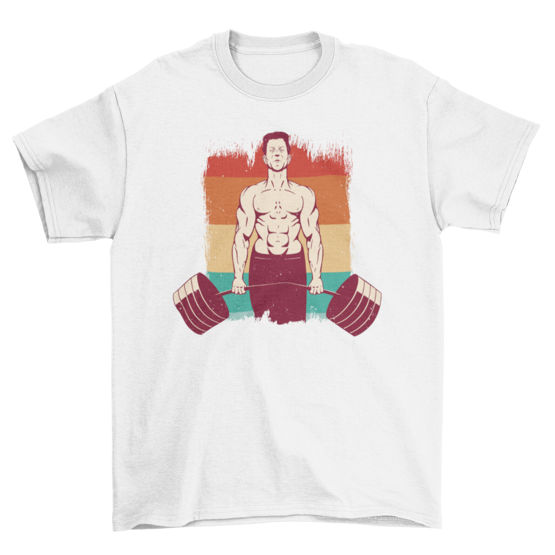 A stylish weightlifting man t-shirt featuring a retro sunset design, perfect for fitness enthusiasts.