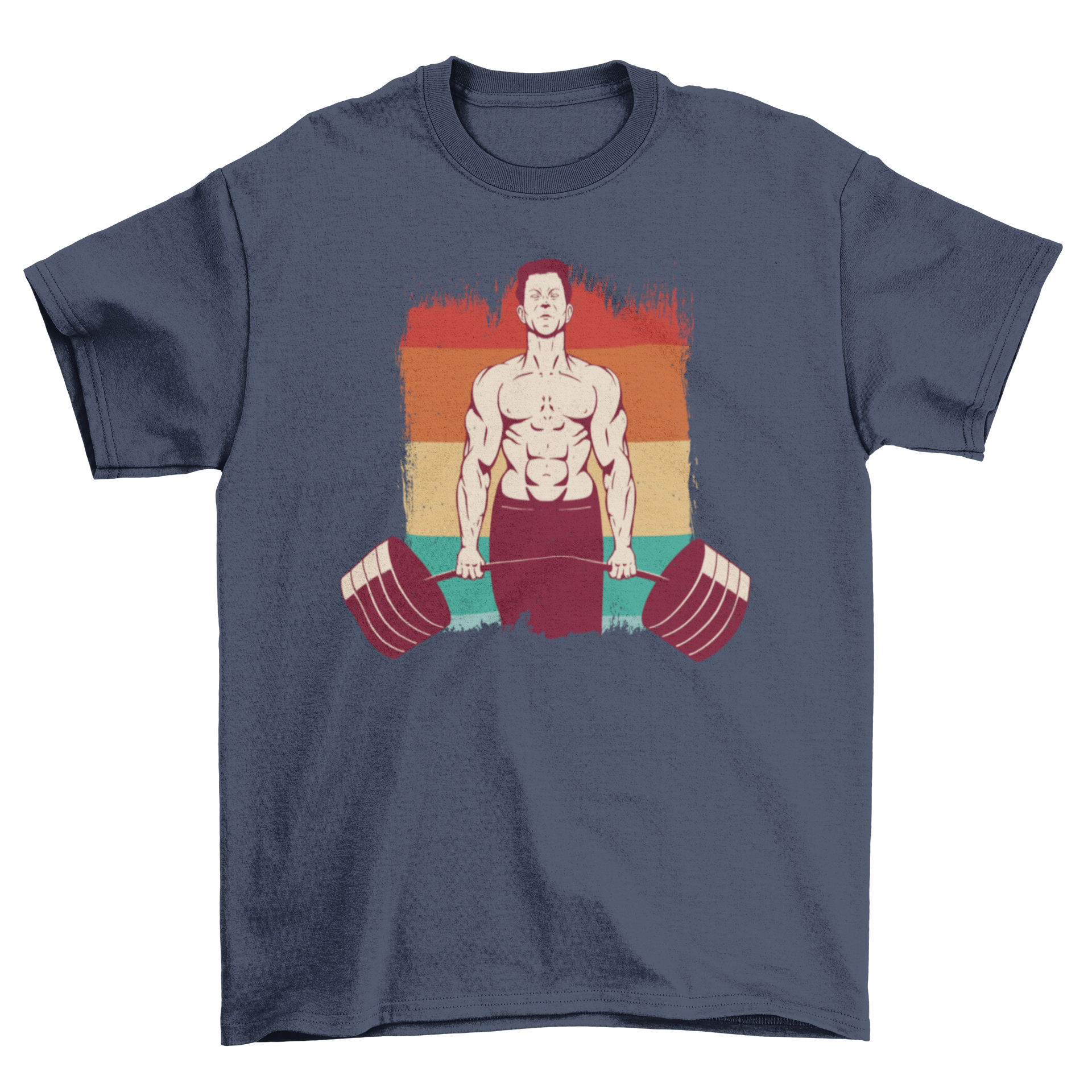 A stylish weightlifting man t-shirt featuring a retro sunset design, perfect for fitness enthusiasts.