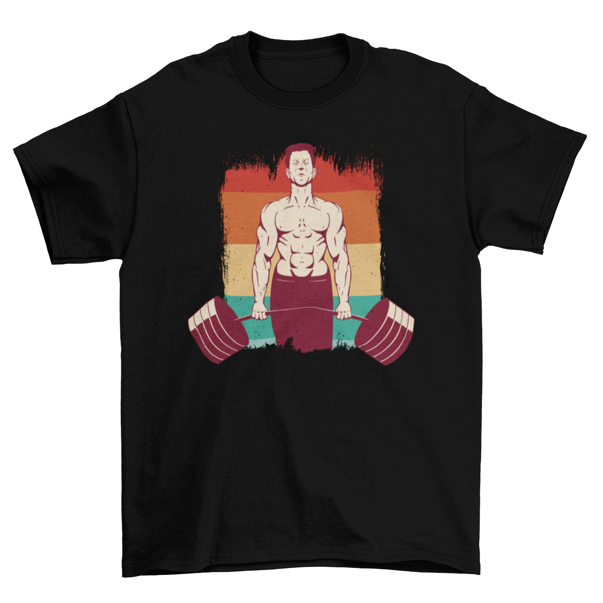 A stylish weightlifting man t-shirt featuring a retro sunset design, perfect for fitness enthusiasts.