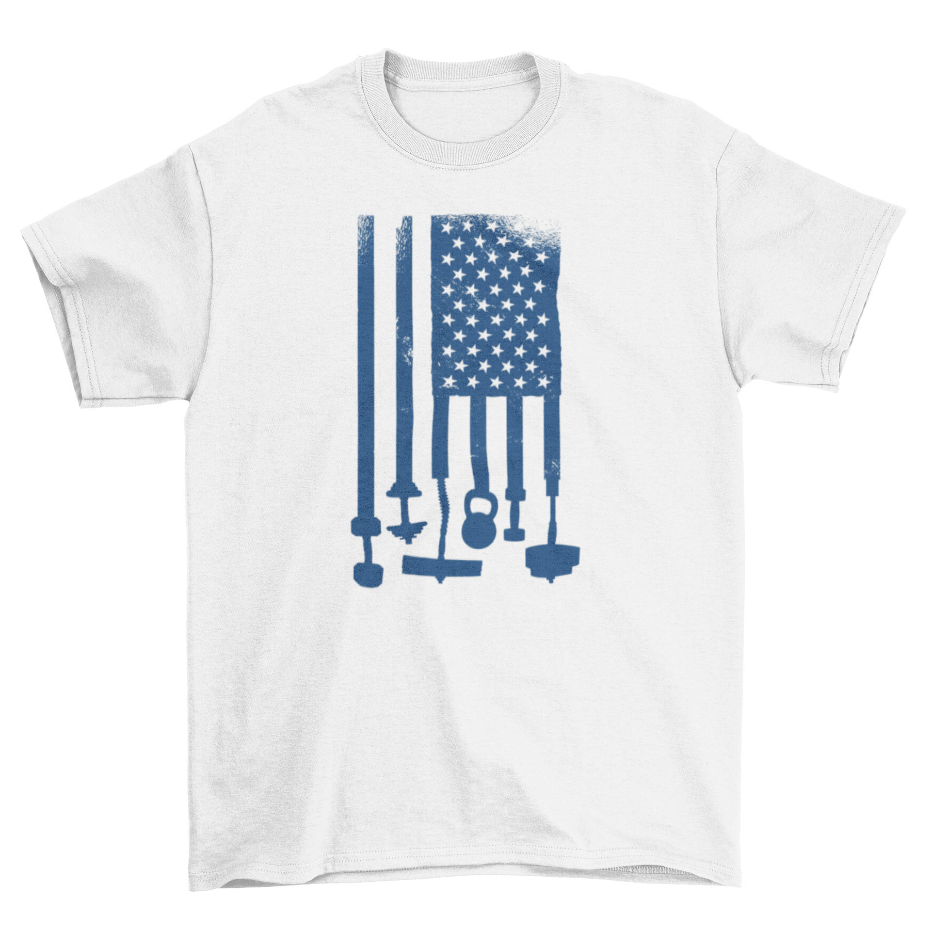 Weightlifting USA flag t-shirt featuring gym weights and the American flag design.