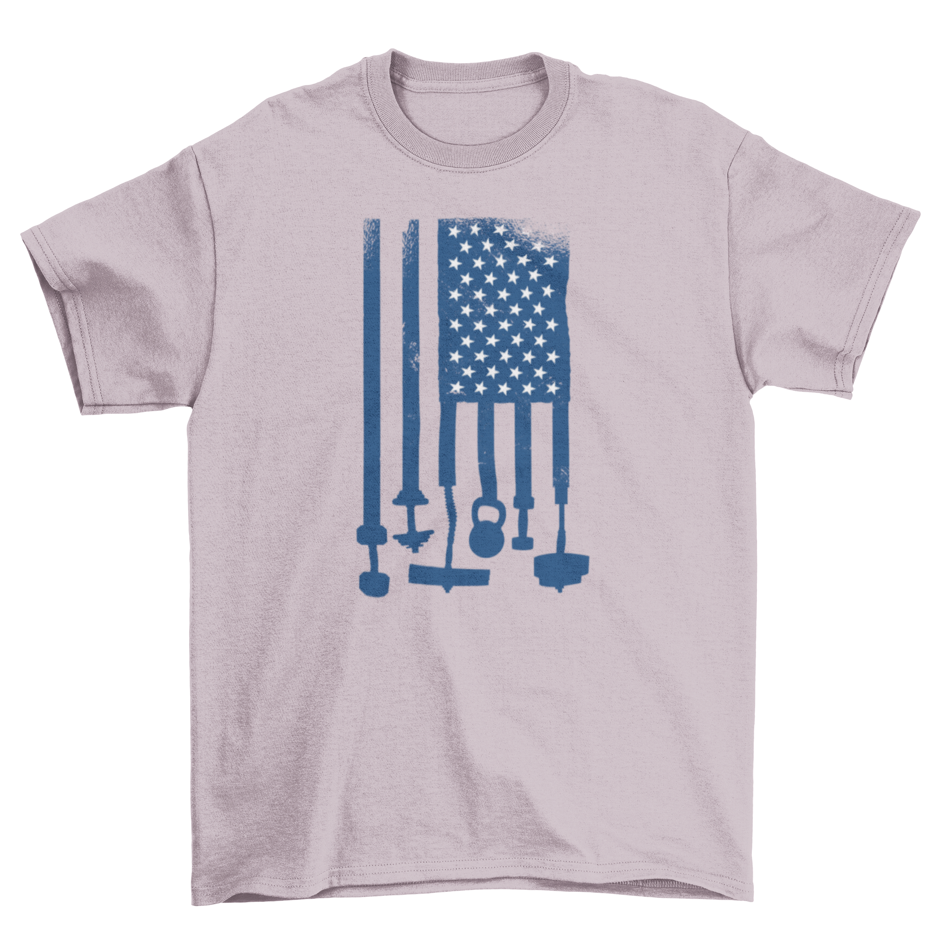 Weightlifting USA flag t-shirt featuring gym weights and the American flag design.