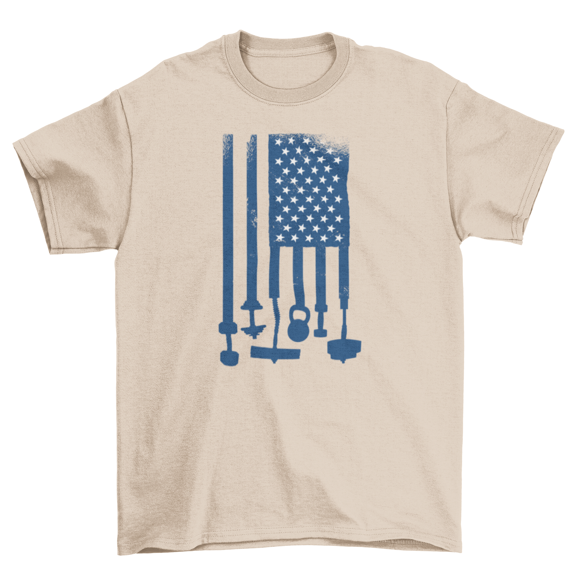 Weightlifting USA flag t-shirt featuring gym weights and the American flag design.