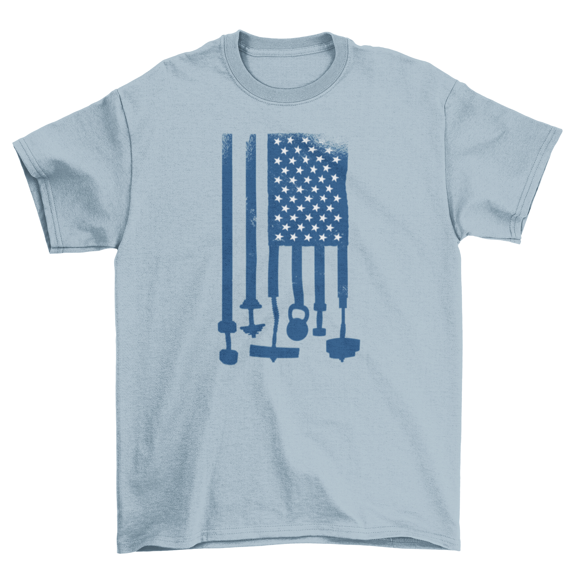 Weightlifting USA flag t-shirt featuring gym weights and the American flag design.