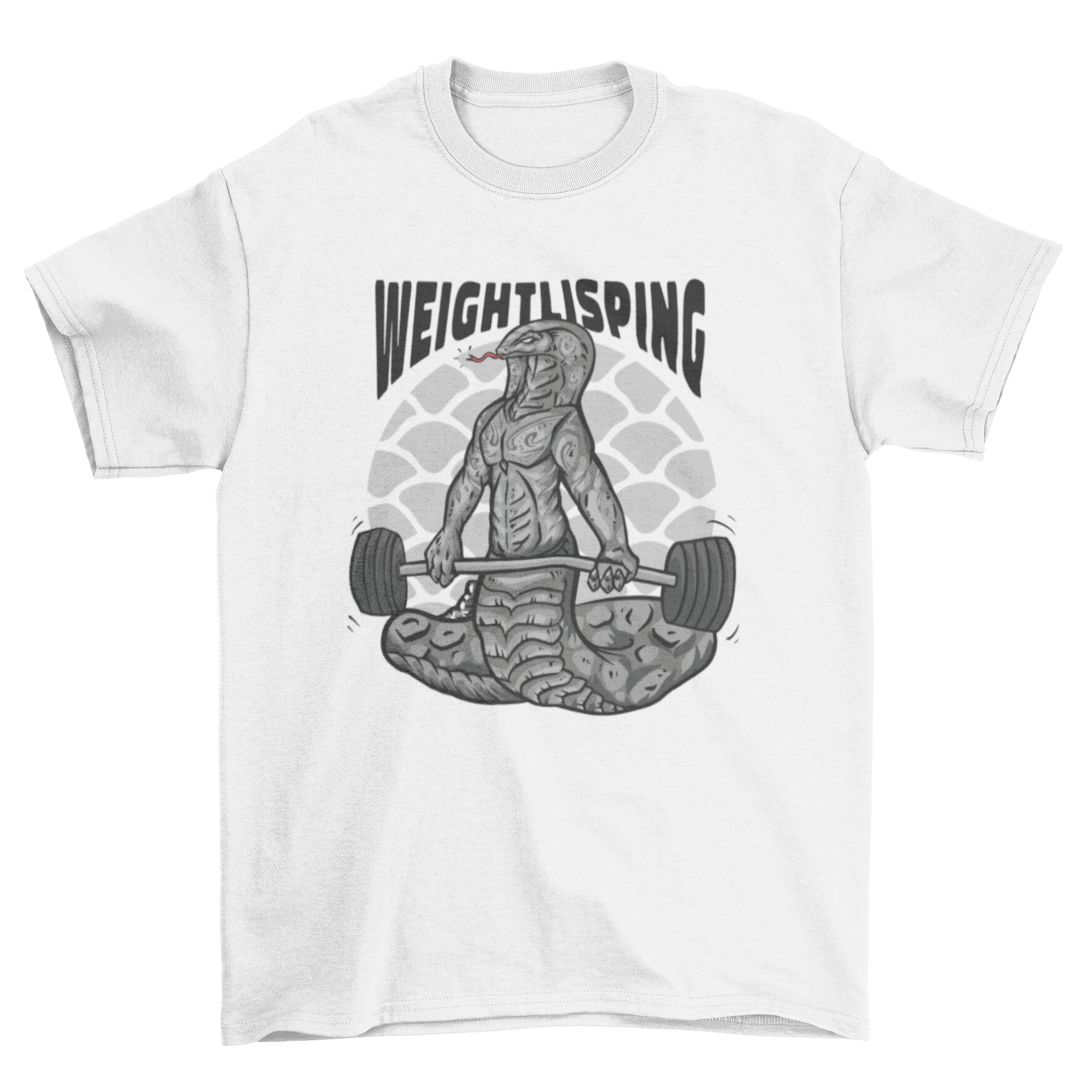 Weightlisping t-shirt featuring a muscular snake lifting weights with an inspiring quote.