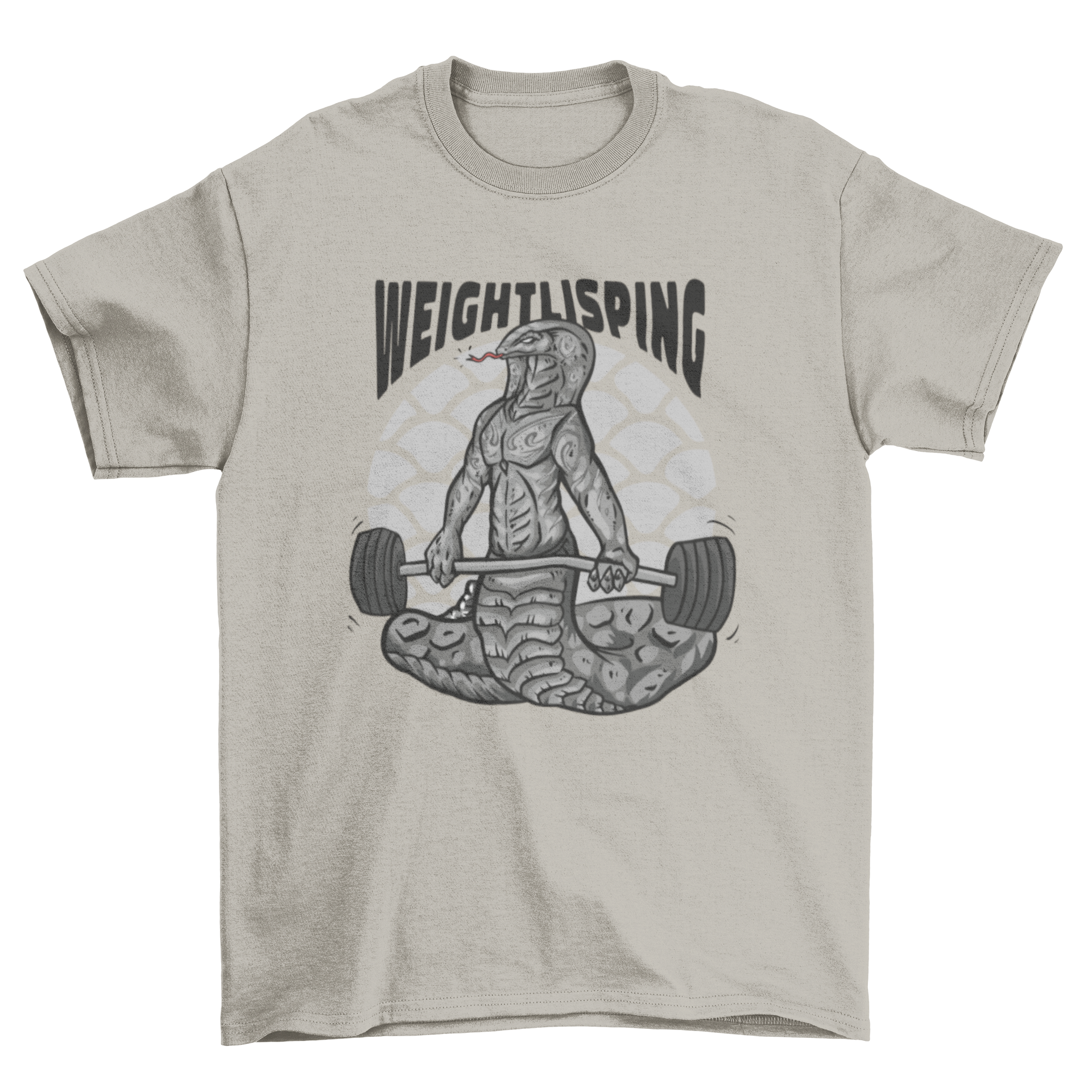 Weightlisping t-shirt featuring a muscular snake lifting weights with an inspiring quote.