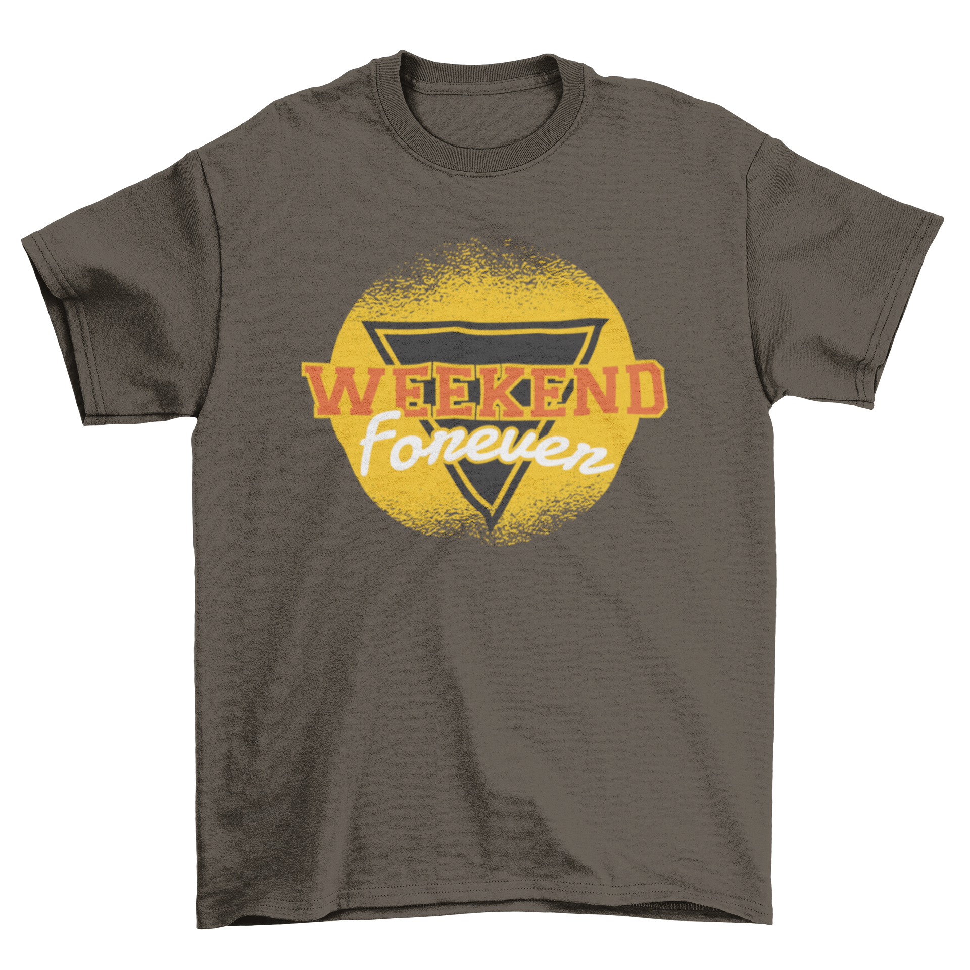 A stylish Weekend Forever t-shirt featuring retro-inspired lettering and a geometric background design.