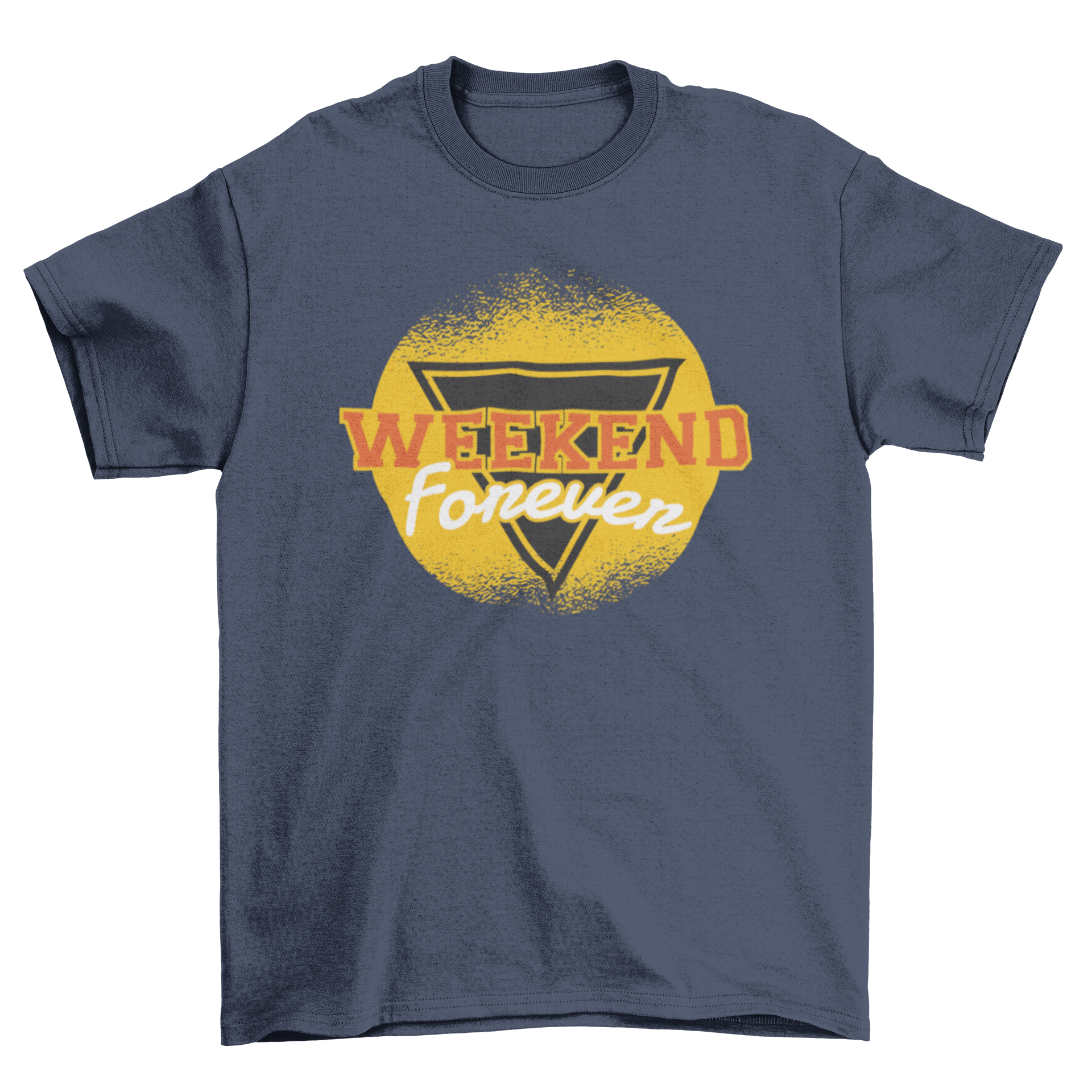 A stylish Weekend Forever t-shirt featuring retro-inspired lettering and a geometric background design.