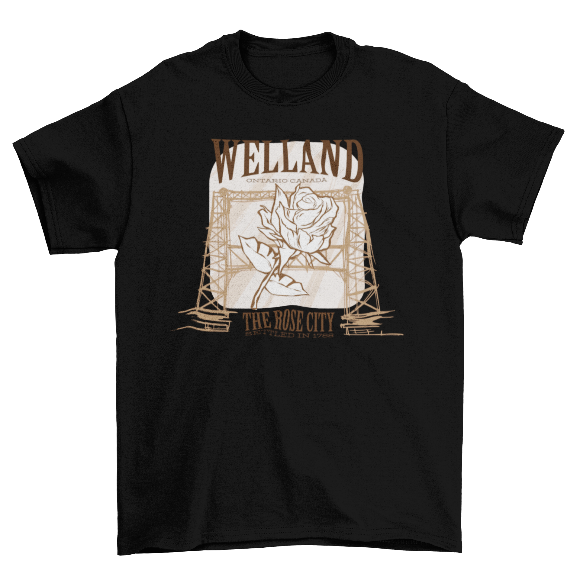 Welland Rose City T-shirt featuring a rose and canal bridge design with text about Welland, Ontario.