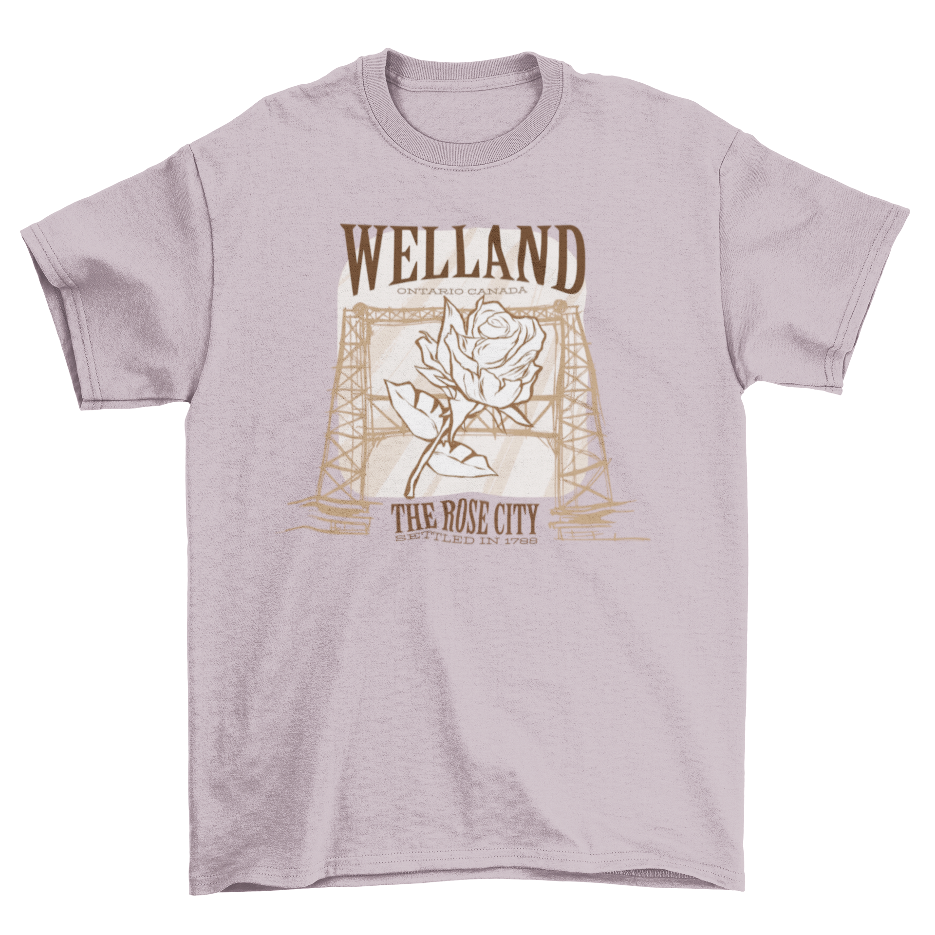 Welland Rose City T-shirt featuring a rose and canal bridge design with text about Welland, Ontario.