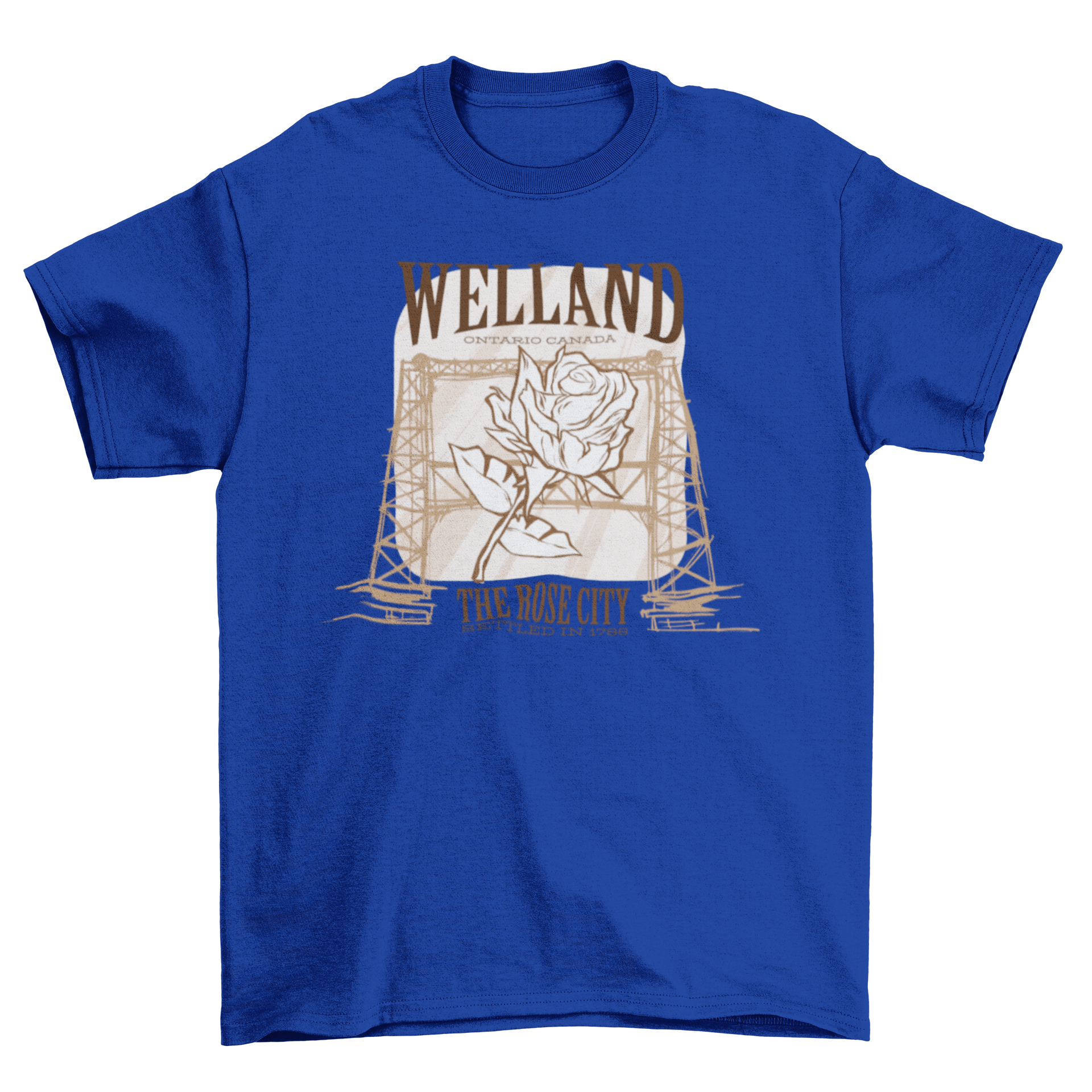 Welland Rose City T-shirt featuring a rose and canal bridge design with text about Welland, Ontario.