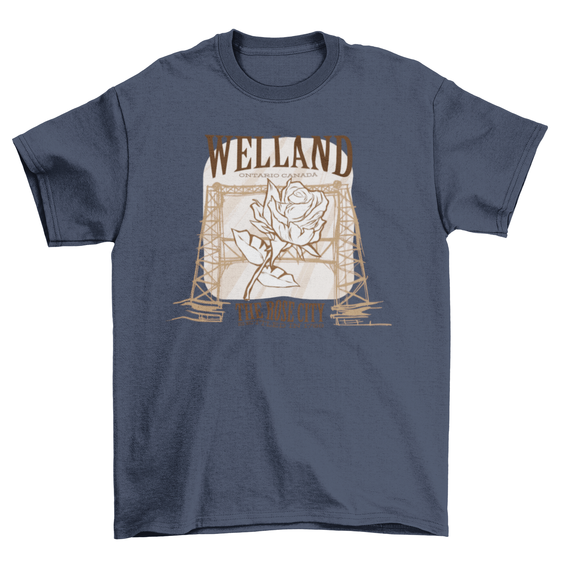 Welland Rose City T-shirt featuring a rose and canal bridge design with text about Welland, Ontario.