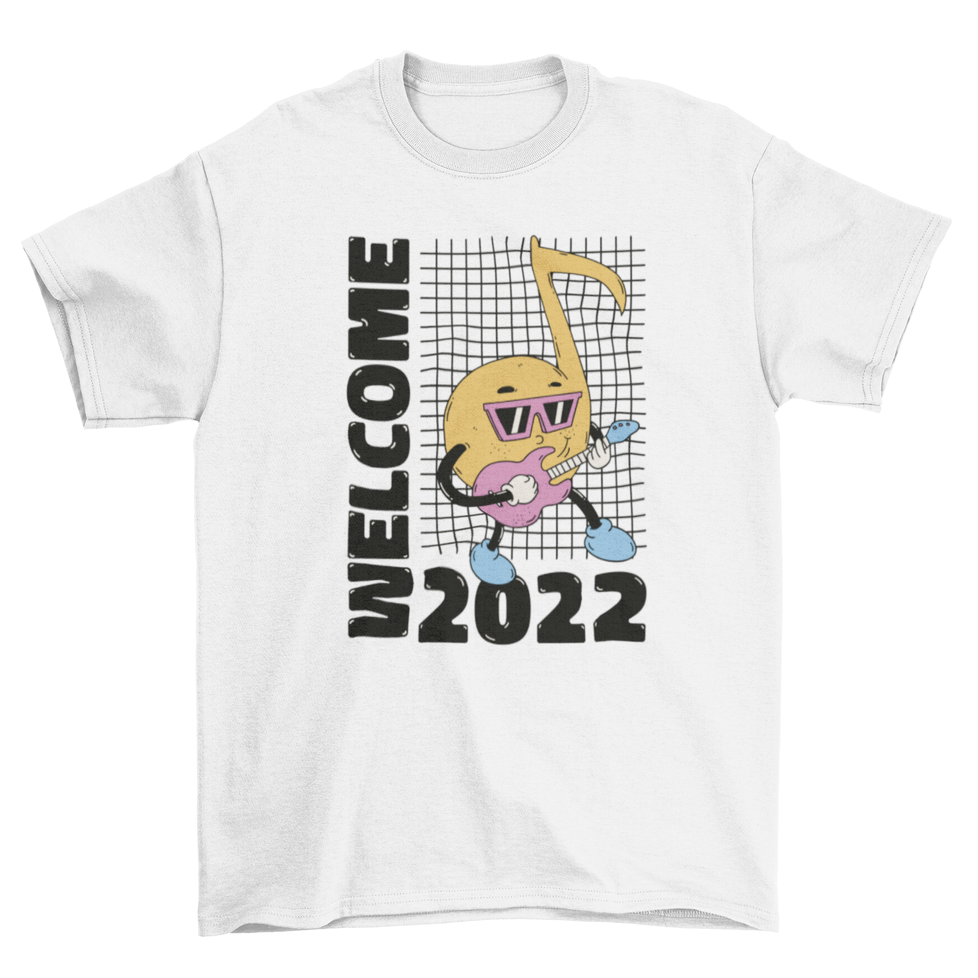 Welcome 2022 New Year t-shirt featuring a musical note character and festive quote.