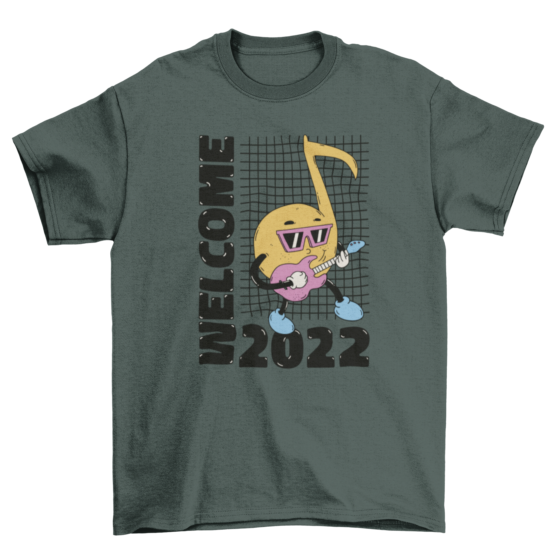 Welcome 2022 New Year t-shirt featuring a musical note character and festive quote.