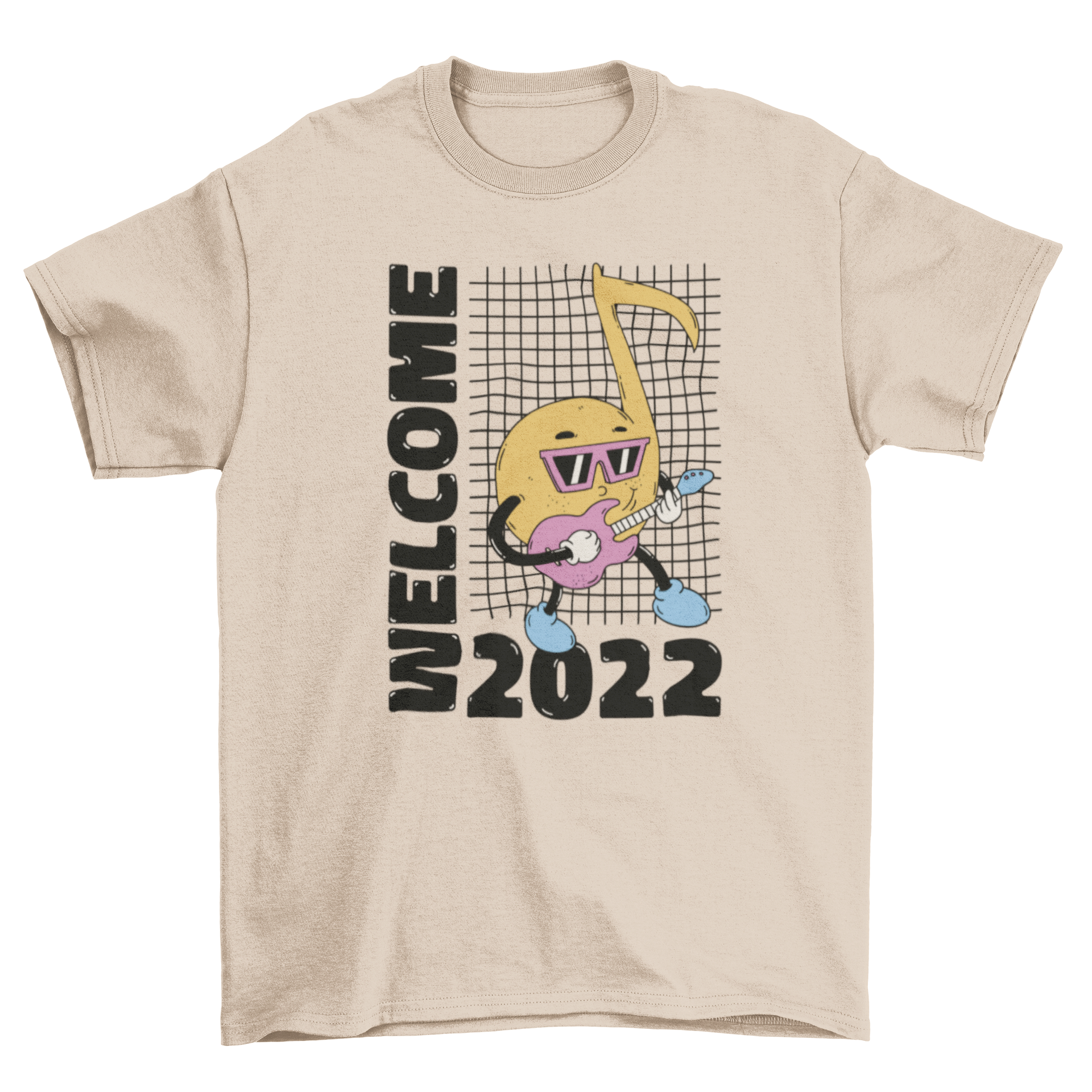 Welcome 2022 New Year t-shirt featuring a musical note character and festive quote.