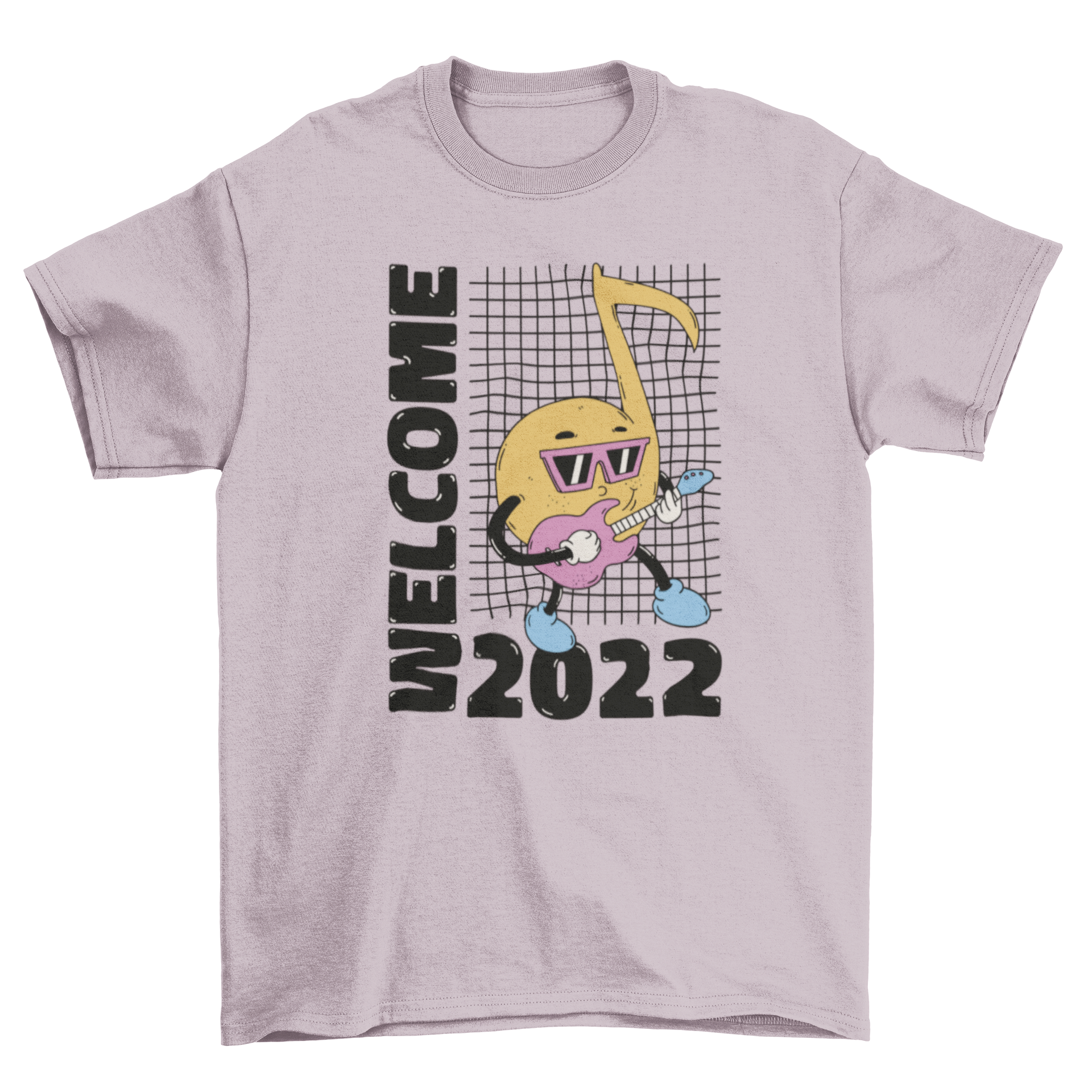 Welcome 2022 New Year t-shirt featuring a musical note character and festive quote.