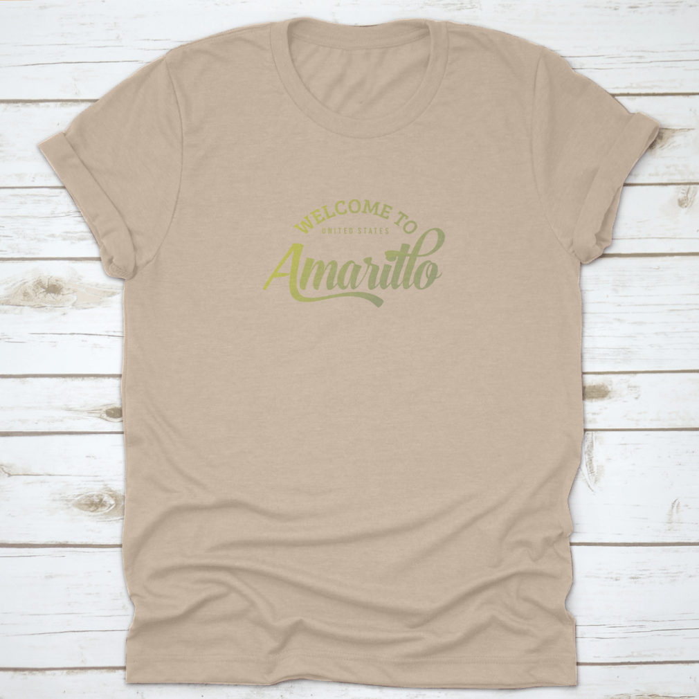 A stylish T-shirt featuring the words 'Welcome To Amarillo' in a creative font design, made from 100% cotton for comfort.