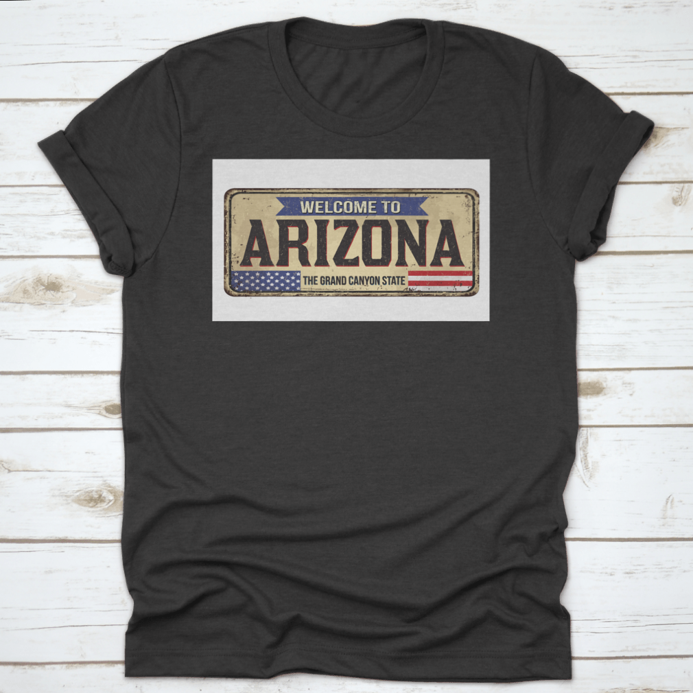 Vintage rusty metal design t-shirt featuring Arizona theme, made from soft cotton fabric.