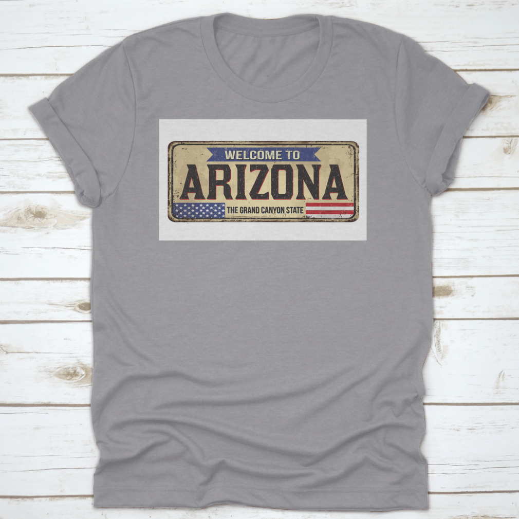 Vintage rusty metal design t-shirt featuring Arizona theme, made from soft cotton fabric.