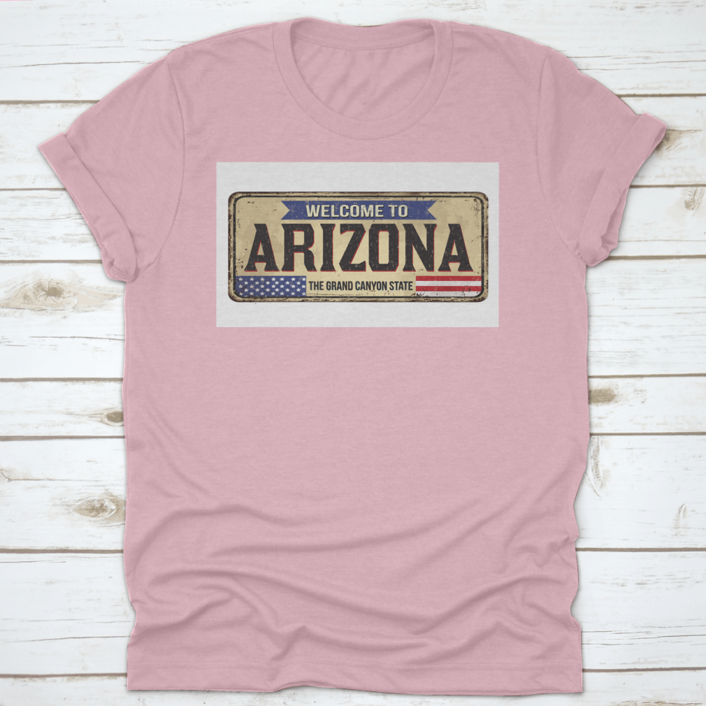 Vintage rusty metal design t-shirt featuring Arizona theme, made from soft cotton fabric.