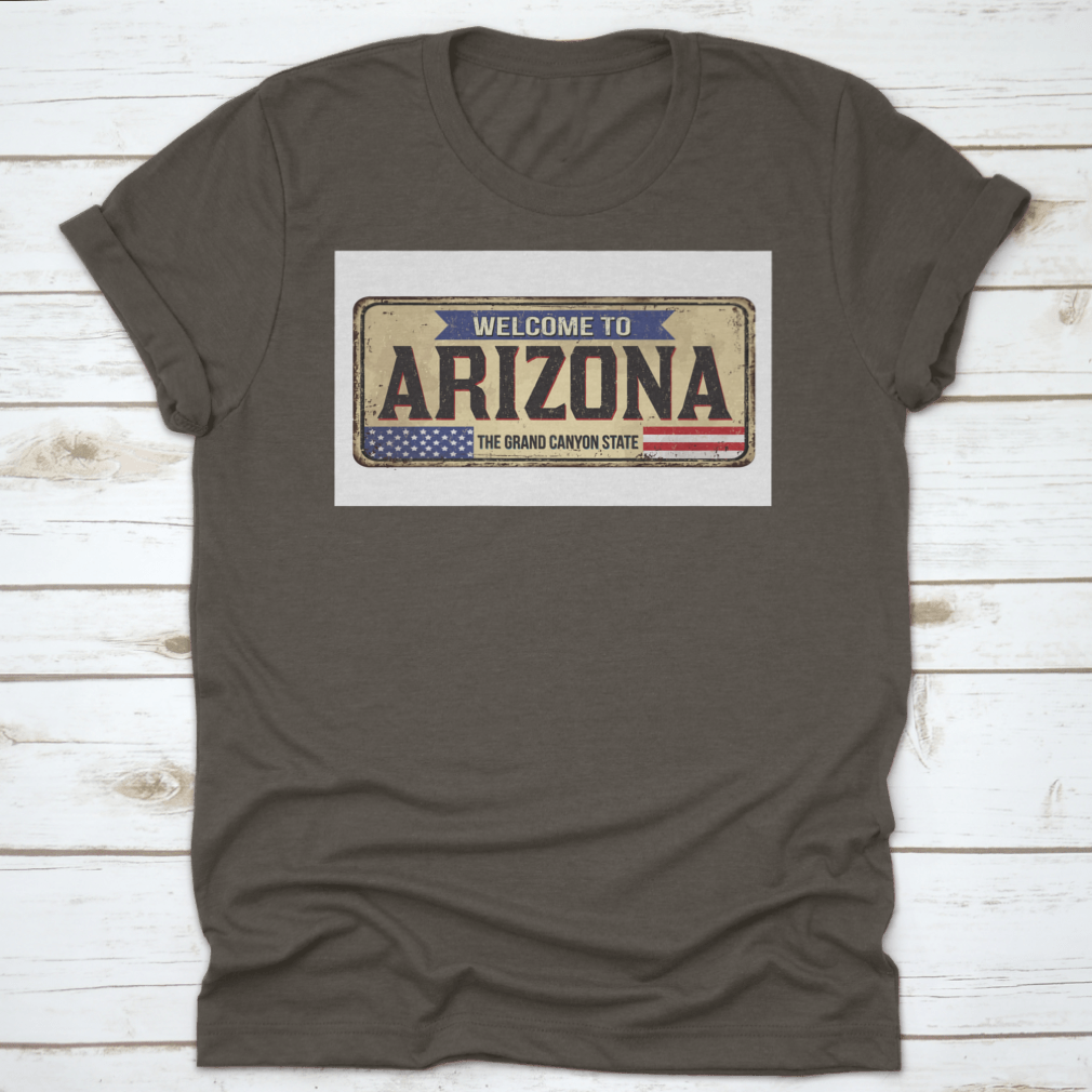 Vintage rusty metal design t-shirt featuring Arizona theme, made from soft cotton fabric.