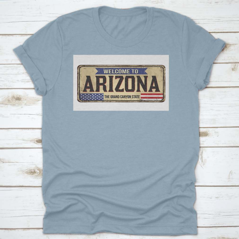 Vintage rusty metal design t-shirt featuring Arizona theme, made from soft cotton fabric.