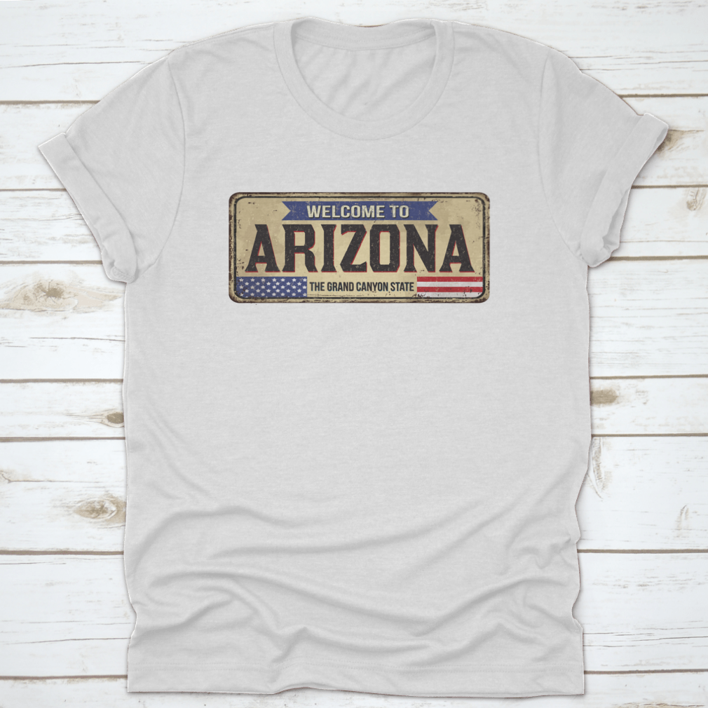 Vintage rusty metal design t-shirt featuring Arizona theme, made from soft cotton fabric.