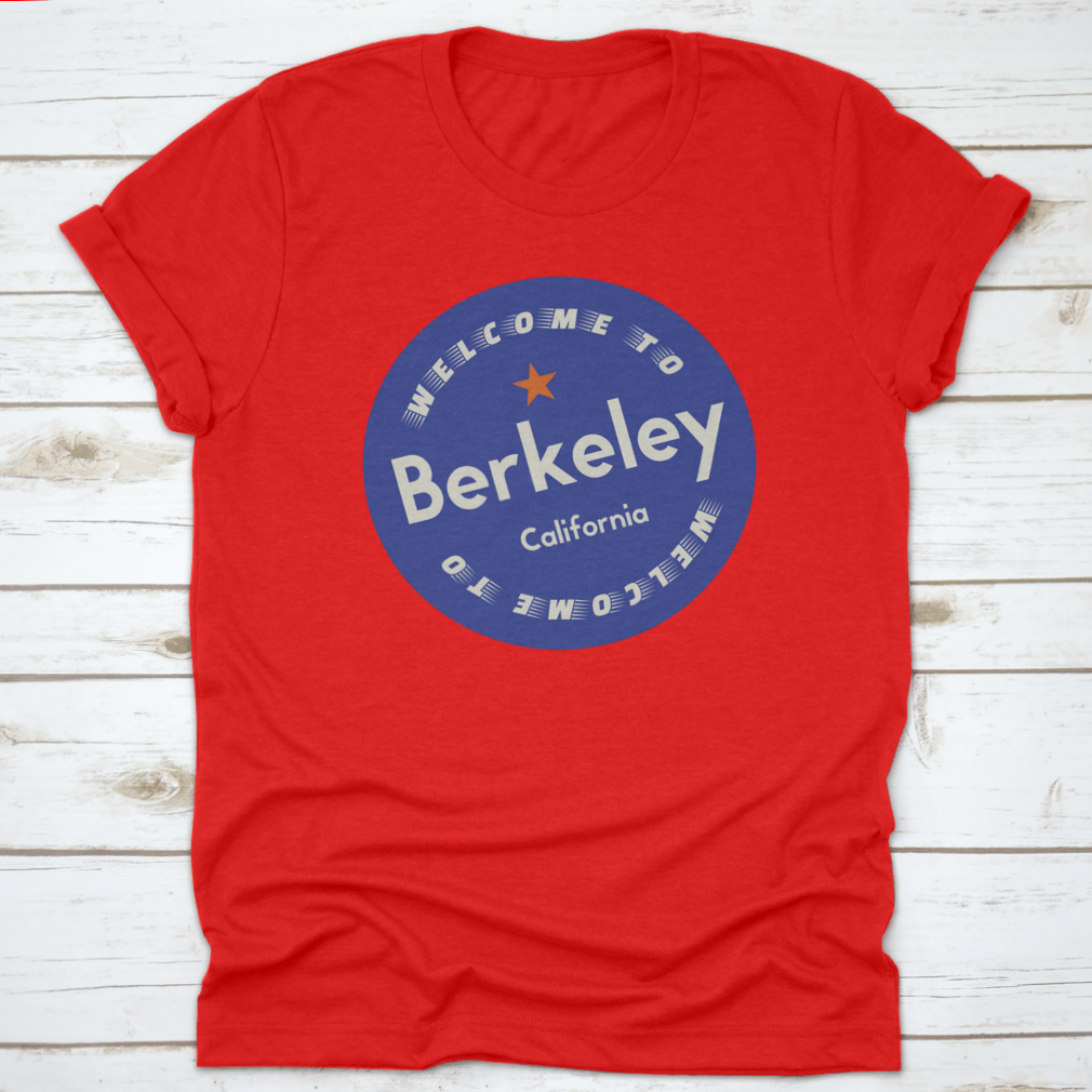 A stylish cotton shirt featuring a Berkeley California tourism badge design, perfect for tourists and locals.