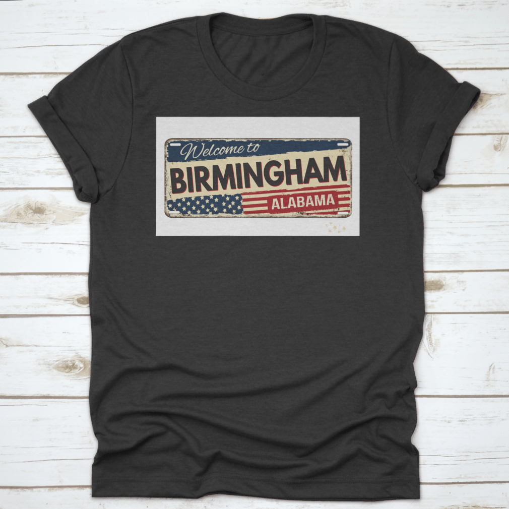 Vintage rusty metal sign featuring 'Welcome to Birmingham' on a white background, showcasing a classic design with a rustic finish.