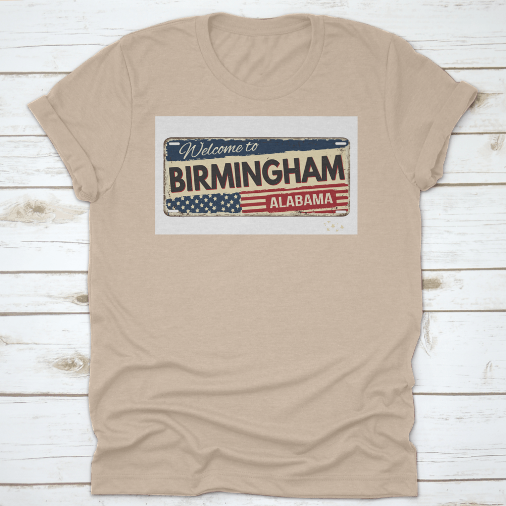 Vintage rusty metal sign featuring 'Welcome to Birmingham' on a white background, showcasing a classic design with a rustic finish.