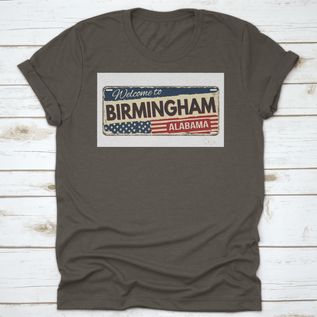 Vintage rusty metal sign featuring 'Welcome to Birmingham' on a white background, showcasing a classic design with a rustic finish.