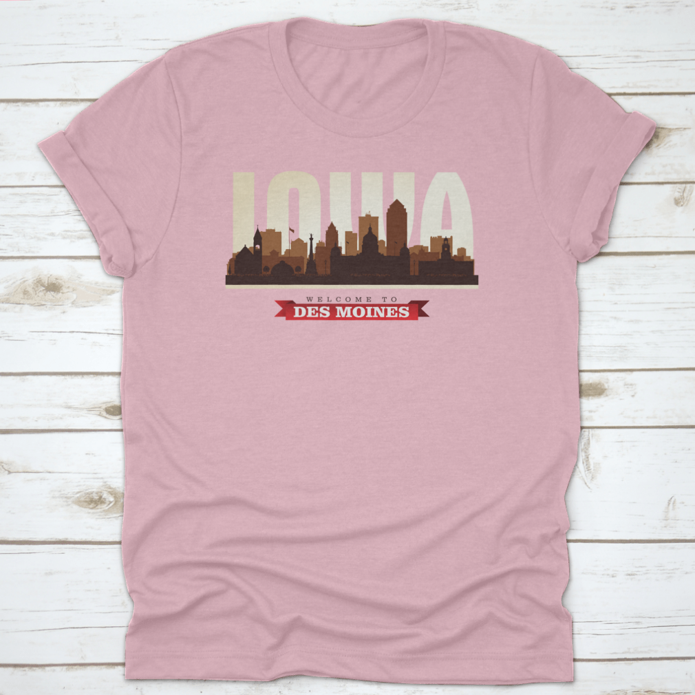 Stylish t-shirt featuring the skyline silhouette of Des Moines, Iowa, made from high-quality cotton.