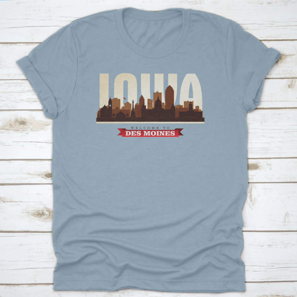 Stylish t-shirt featuring the skyline silhouette of Des Moines, Iowa, made from high-quality cotton.