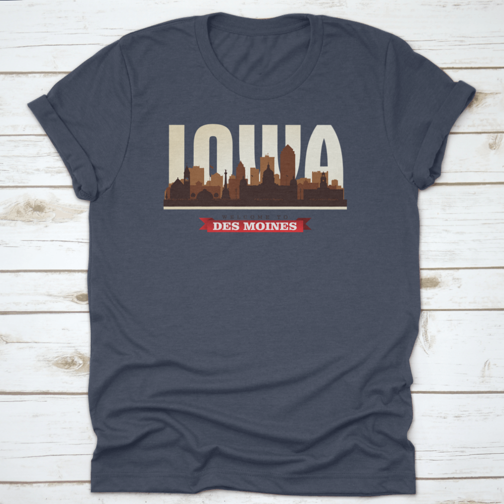 Stylish t-shirt featuring the skyline silhouette of Des Moines, Iowa, made from high-quality cotton.