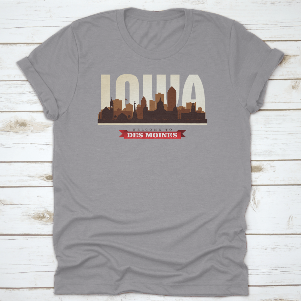 Stylish t-shirt featuring the skyline silhouette of Des Moines, Iowa, made from high-quality cotton.