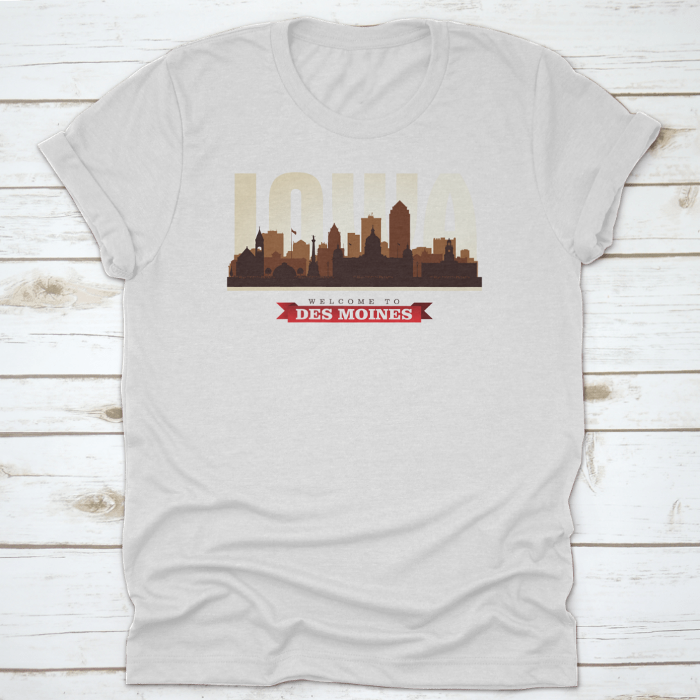 Stylish t-shirt featuring the skyline silhouette of Des Moines, Iowa, made from high-quality cotton.