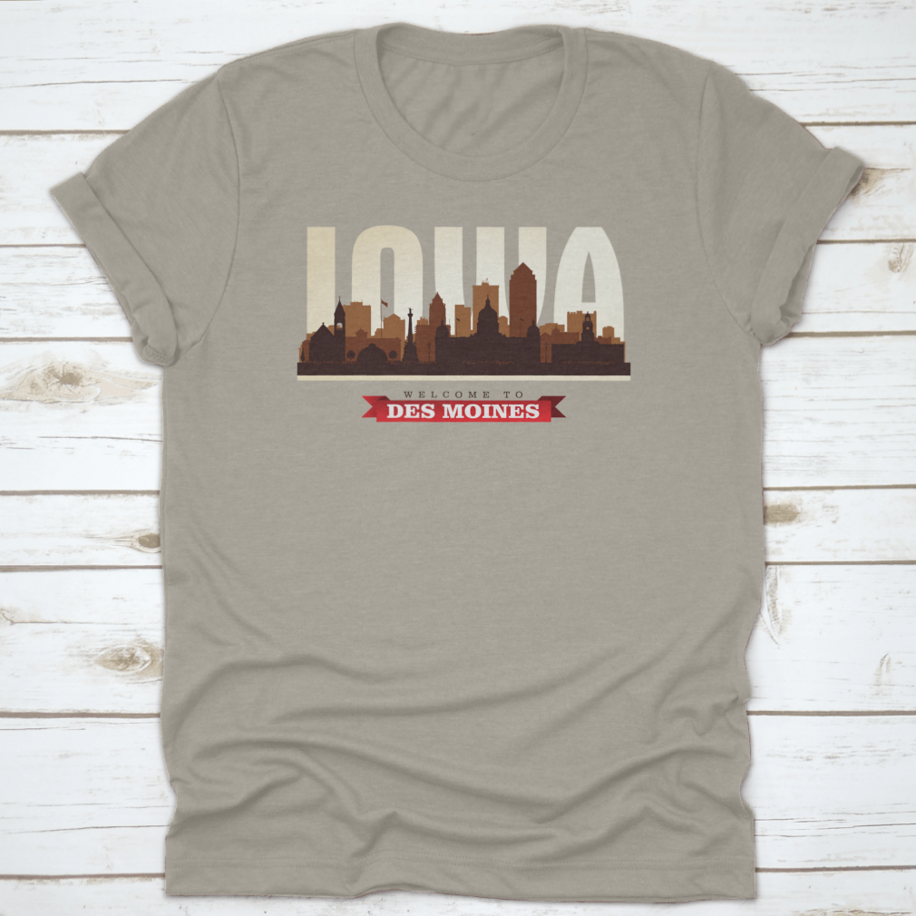 Stylish t-shirt featuring the skyline silhouette of Des Moines, Iowa, made from high-quality cotton.