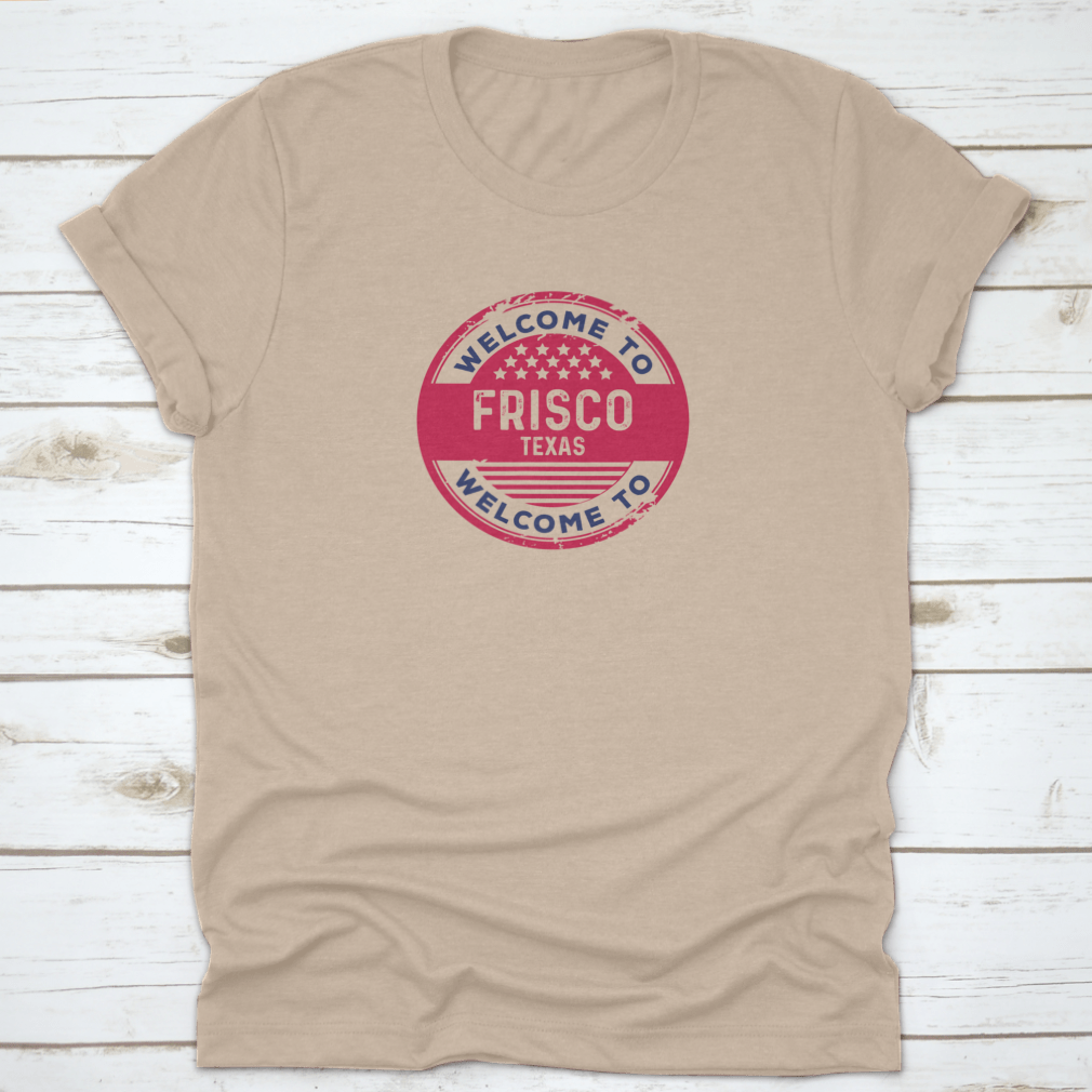 A stylish t-shirt featuring a badge vector illustration representing Frisco, Texas, made from 100% cotton with a classic fit.