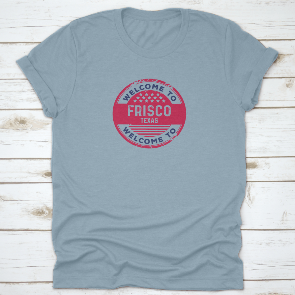 A stylish t-shirt featuring a badge vector illustration representing Frisco, Texas, made from 100% cotton with a classic fit.