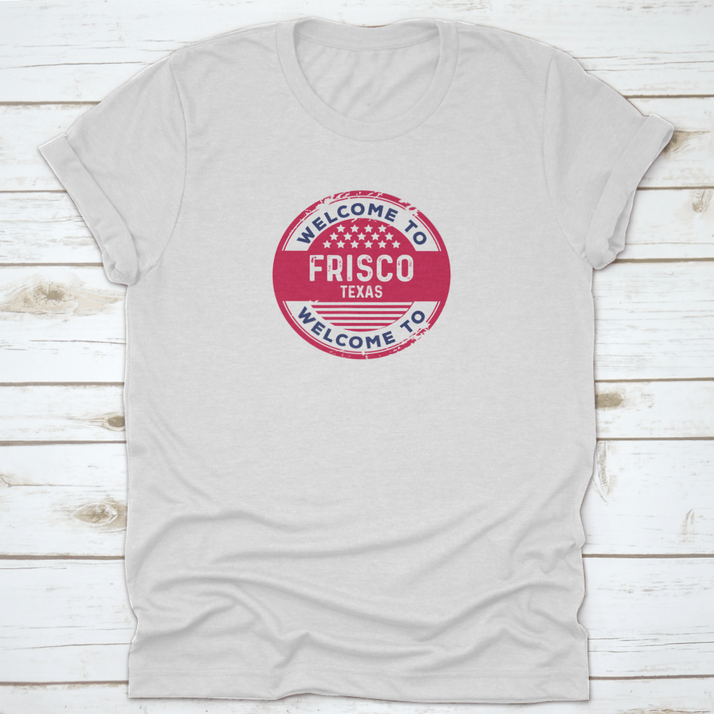 A stylish t-shirt featuring a badge vector illustration representing Frisco, Texas, made from 100% cotton with a classic fit.