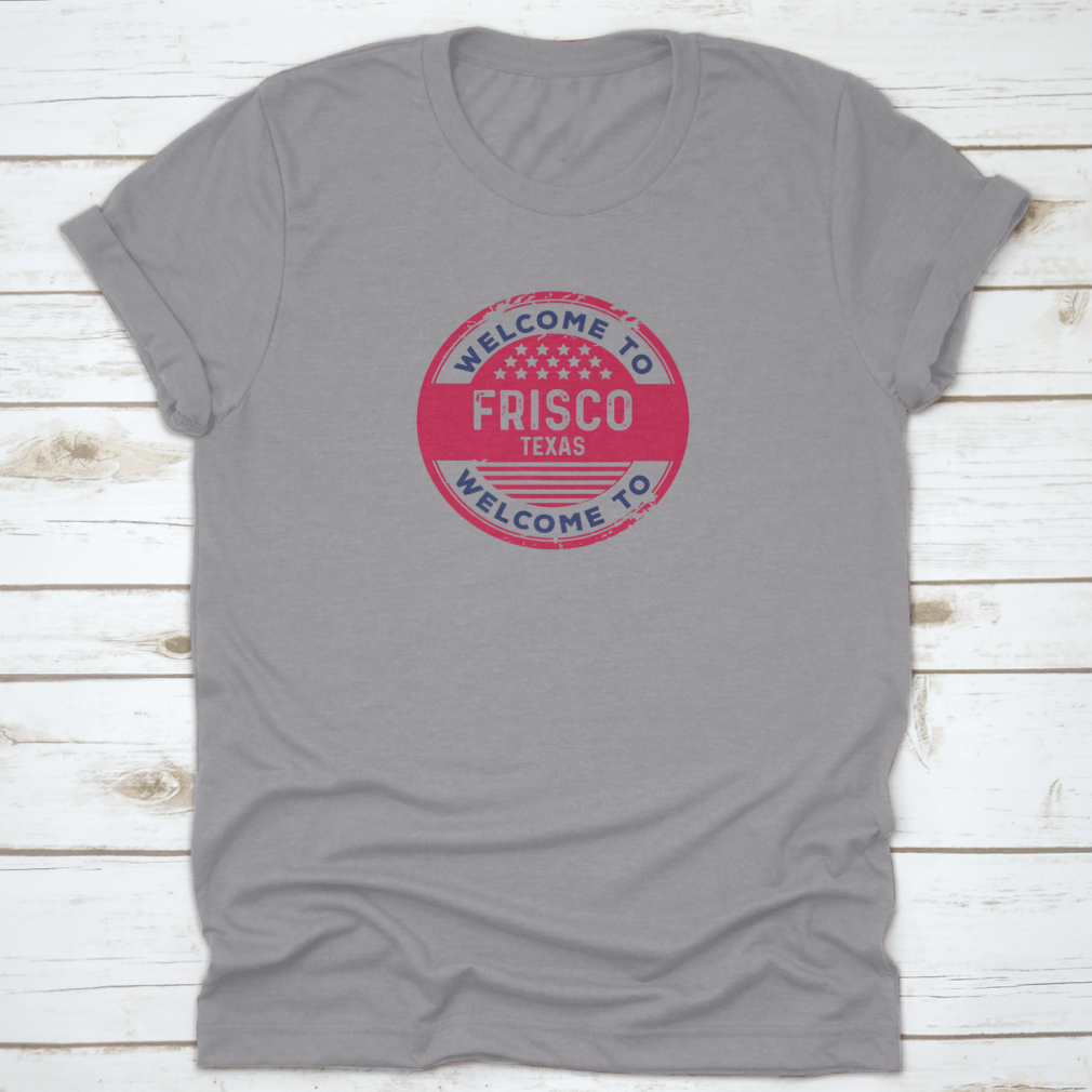 A stylish t-shirt featuring a badge vector illustration representing Frisco, Texas, made from 100% cotton with a classic fit.