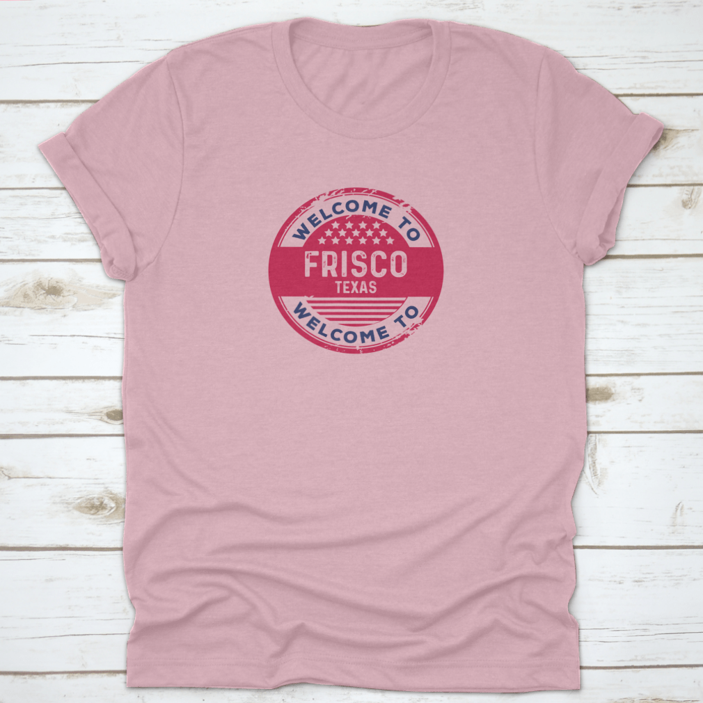 A stylish t-shirt featuring a badge vector illustration representing Frisco, Texas, made from 100% cotton with a classic fit.