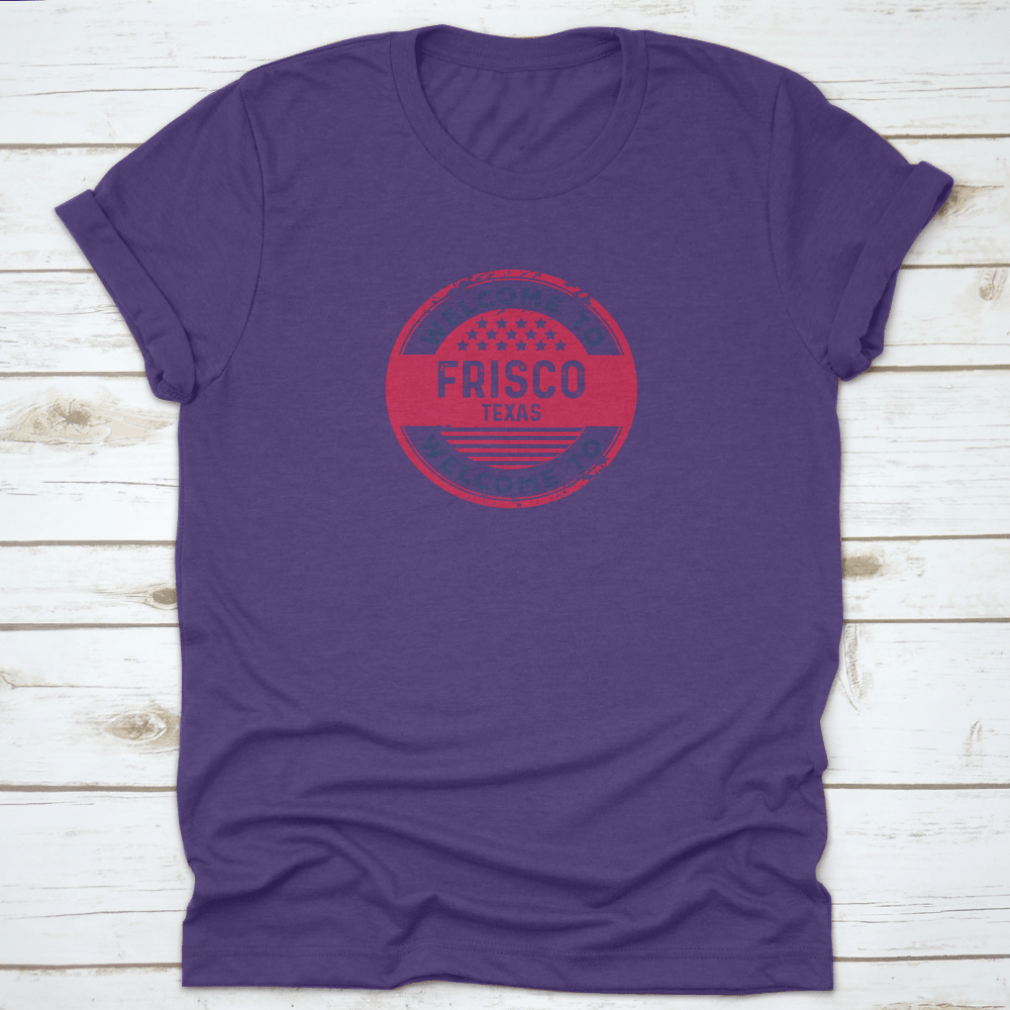 A stylish t-shirt featuring a badge vector illustration representing Frisco, Texas, made from 100% cotton with a classic fit.