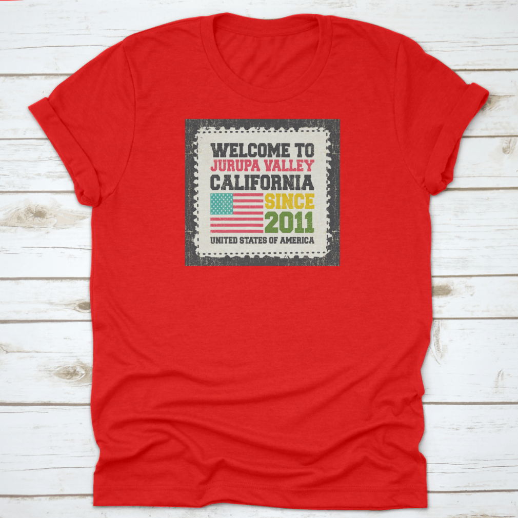 A comfortable and stylish t-shirt featuring 'Welcome To Jurupa Valley, State California' design, made from 100% cotton.