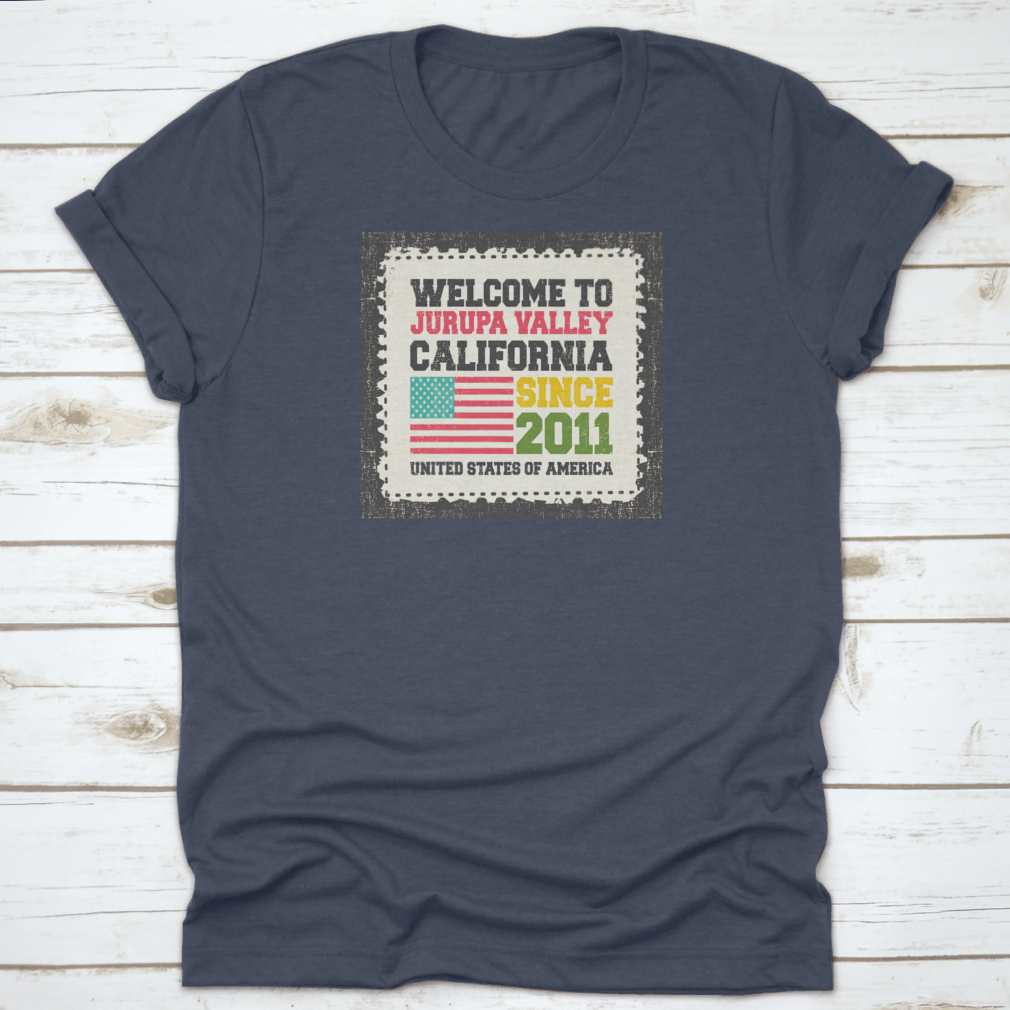 A comfortable and stylish t-shirt featuring 'Welcome To Jurupa Valley, State California' design, made from 100% cotton.