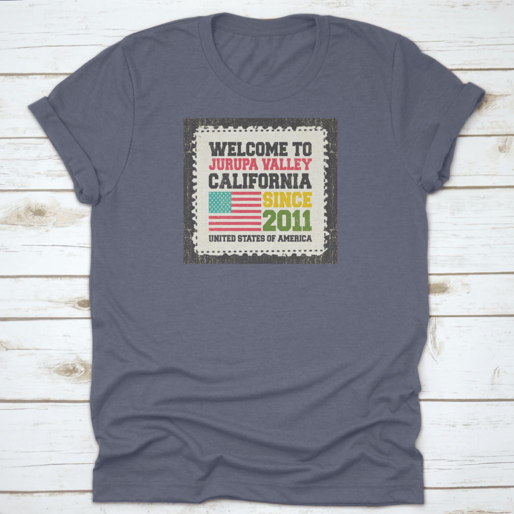 A comfortable and stylish t-shirt featuring 'Welcome To Jurupa Valley, State California' design, made from 100% cotton.