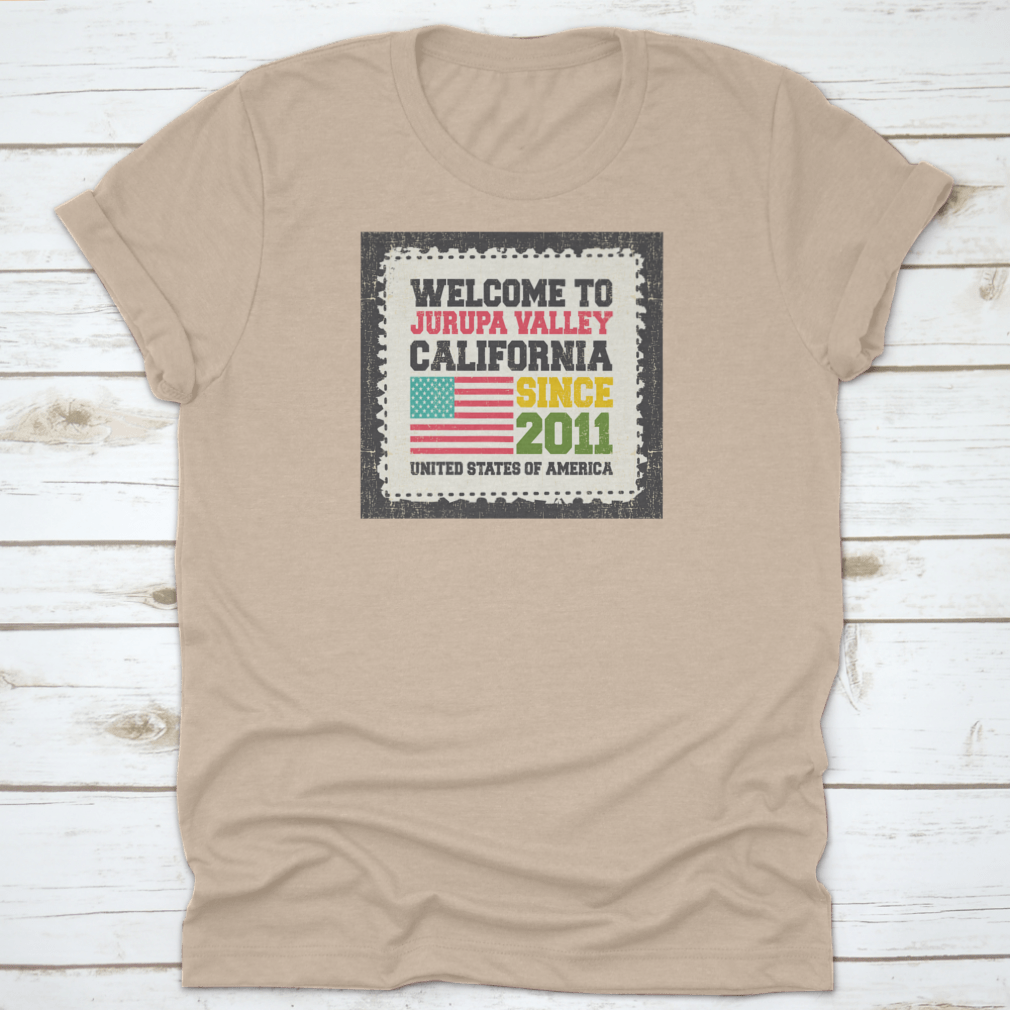 A comfortable and stylish t-shirt featuring 'Welcome To Jurupa Valley, State California' design, made from 100% cotton.