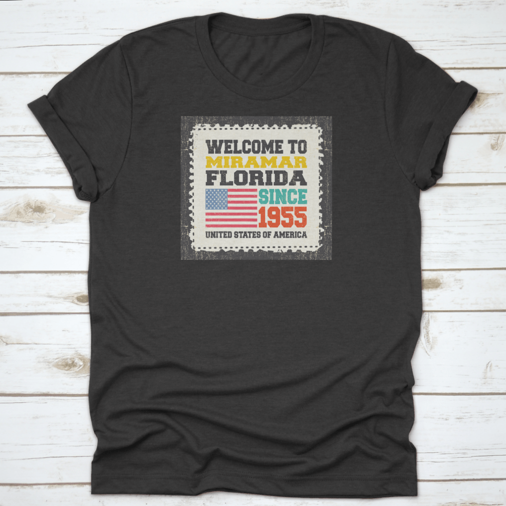 Retro American flag t-shirt representing Miramar State Florida since 1955, showcasing a classic fit and high-quality fabric.