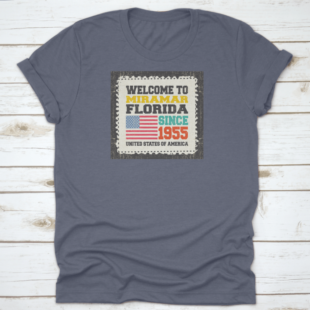 Retro American flag t-shirt representing Miramar State Florida since 1955, showcasing a classic fit and high-quality fabric.