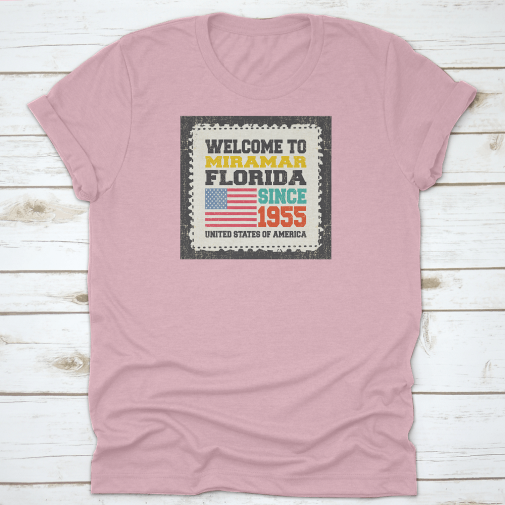 Retro American flag t-shirt representing Miramar State Florida since 1955, showcasing a classic fit and high-quality fabric.