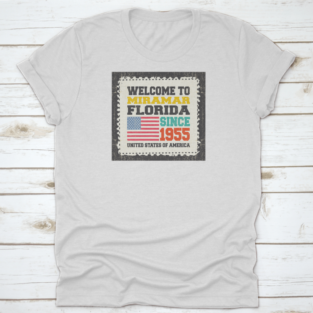 Retro American flag t-shirt representing Miramar State Florida since 1955, showcasing a classic fit and high-quality fabric.